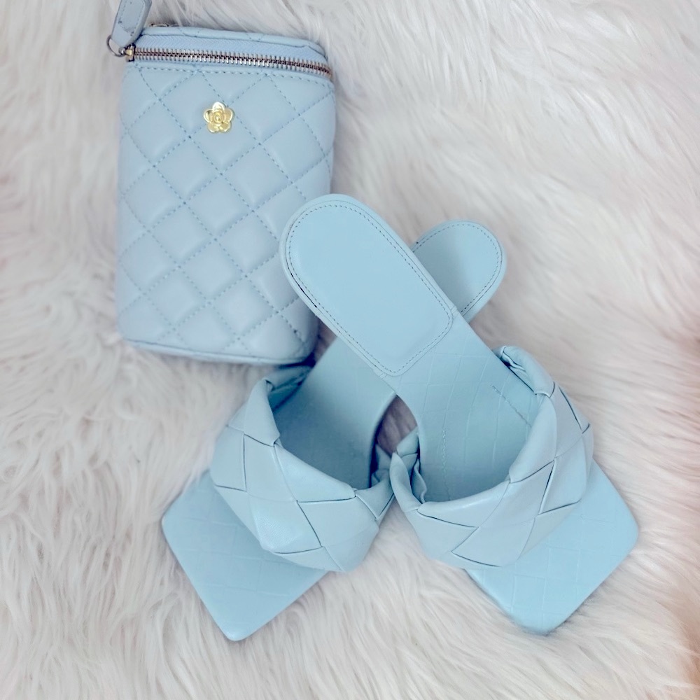 Powder blue Elegant quilted Blue Women's Sandals with matching bag size 9.5